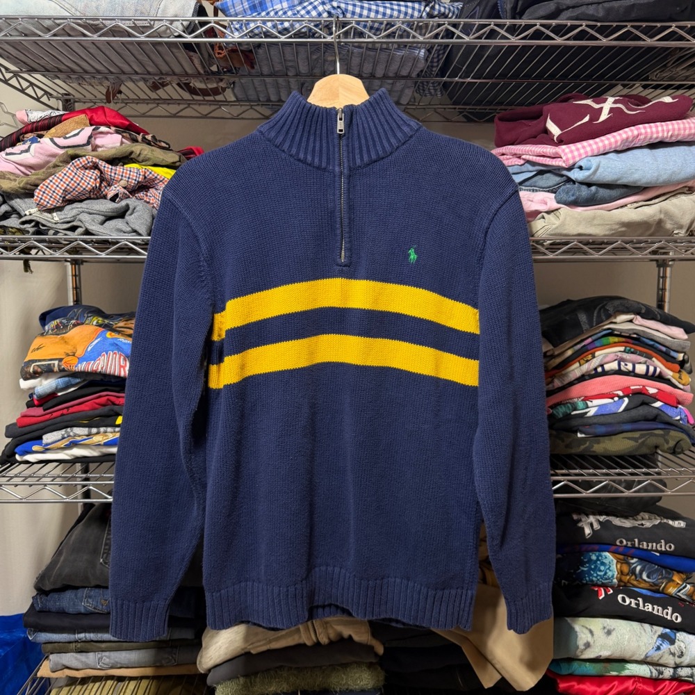 Vintage Polo Ralph Lauren 1/4 Zip Sweater Mens S Navy Yellow Stripe Cotton Knit